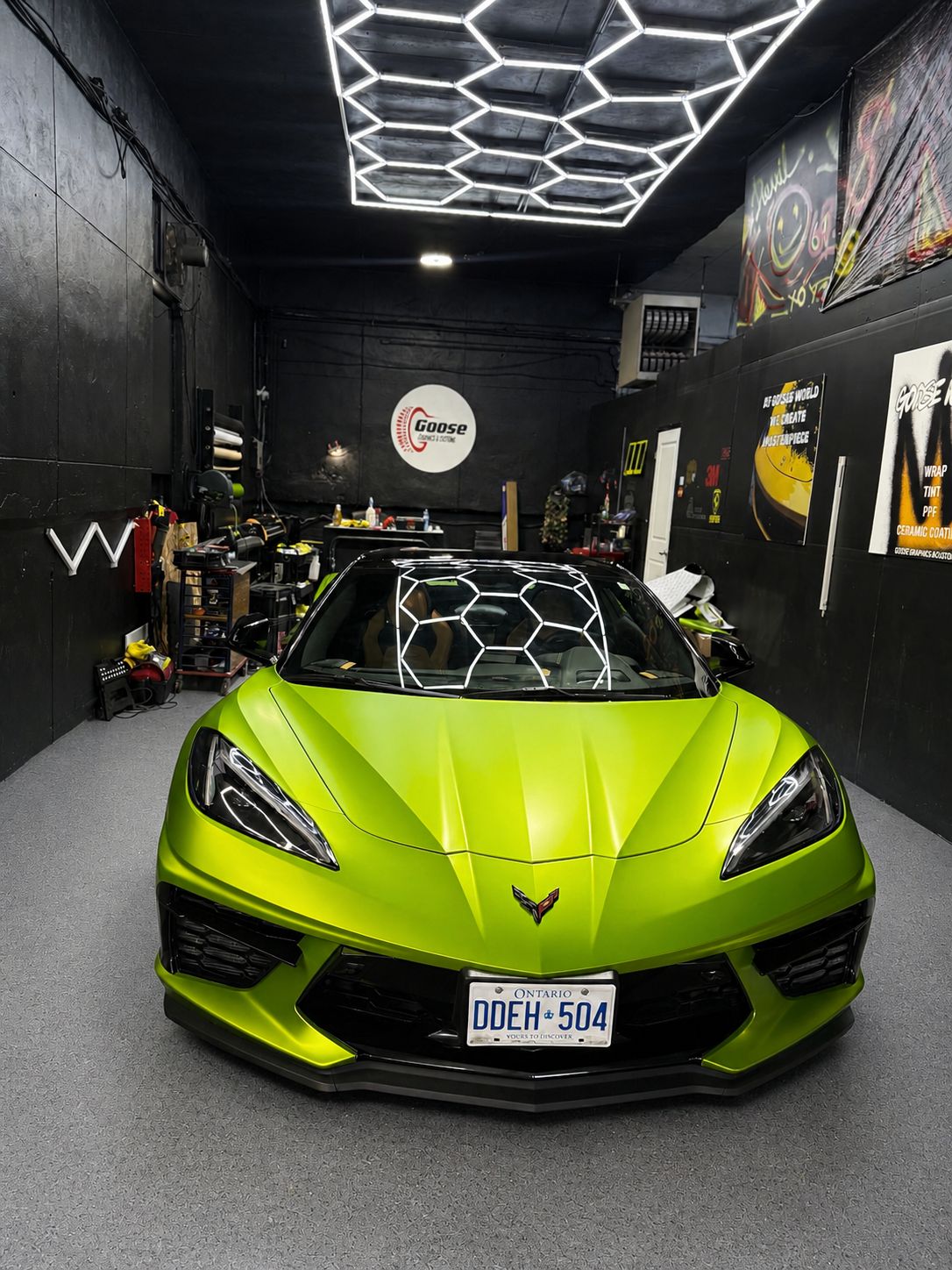 Lime green Chevrolet Corvette C8 vinyl wrap at Goose Graphics Brampton